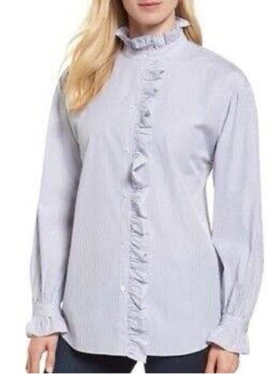 Nordstrom Tops - NWT Nordstrom Signature Blue Striped Ruffle Button-Down Blouse Long Sleeve Small